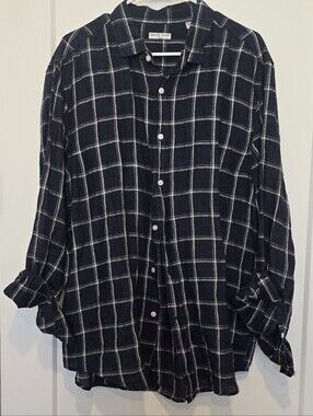 Match Point 100% Linen Men's Navy Windowpane Button-Up Shirt